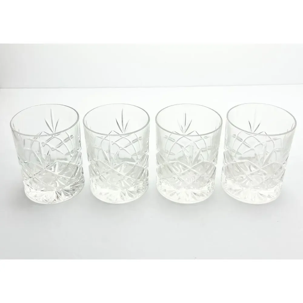 Vintage 4 Crystal Cocktail Old Fashioned Tumbler Glasses 4” 10oz Fan & X Cuts